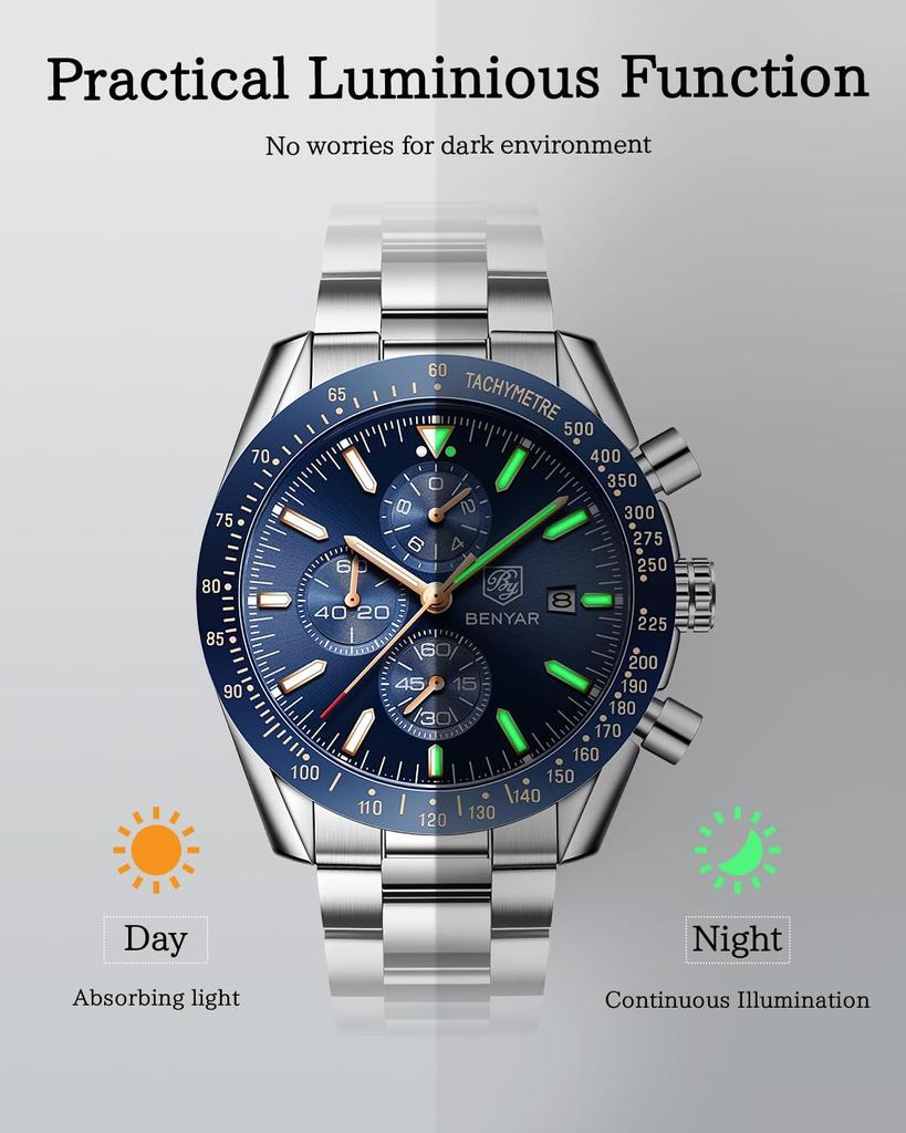 BY BENYAR Watch Chronograph Analog Quartz Movement Stylish Sports Designer Watch 30m Water Resistant Elegant Day Light Quartz Movement Men's Father's