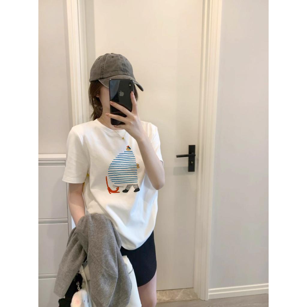 Large Size Women's Summer Front Shoulder Cartoon Printing Loose Crew Neck Inner Short Sleeve T-Shirt% Pure Cotton Bottom Top