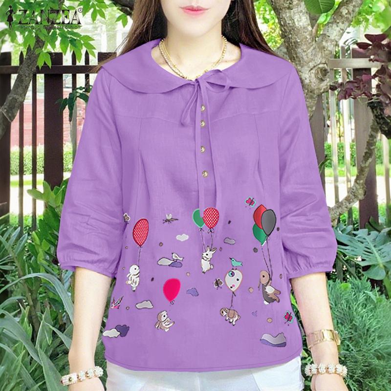 ZANZEA Women Casual Doll Collar Loose 3/4 Sleeve Print Blouse
