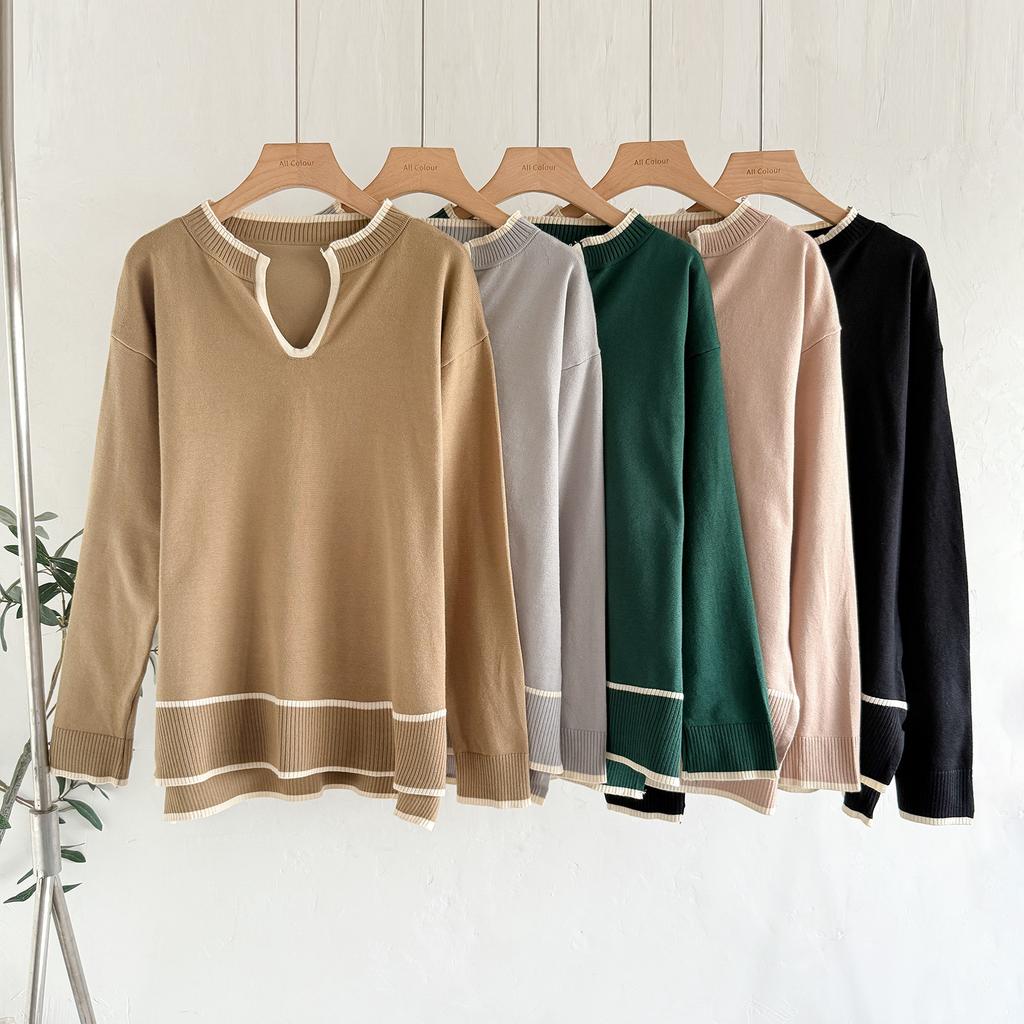 Autumn and Winter Women's Clothing U-neck Long-sleeved Knitted Sweater Set Split-ended Wide-leg Pants Knitted Two-piece Set for Women