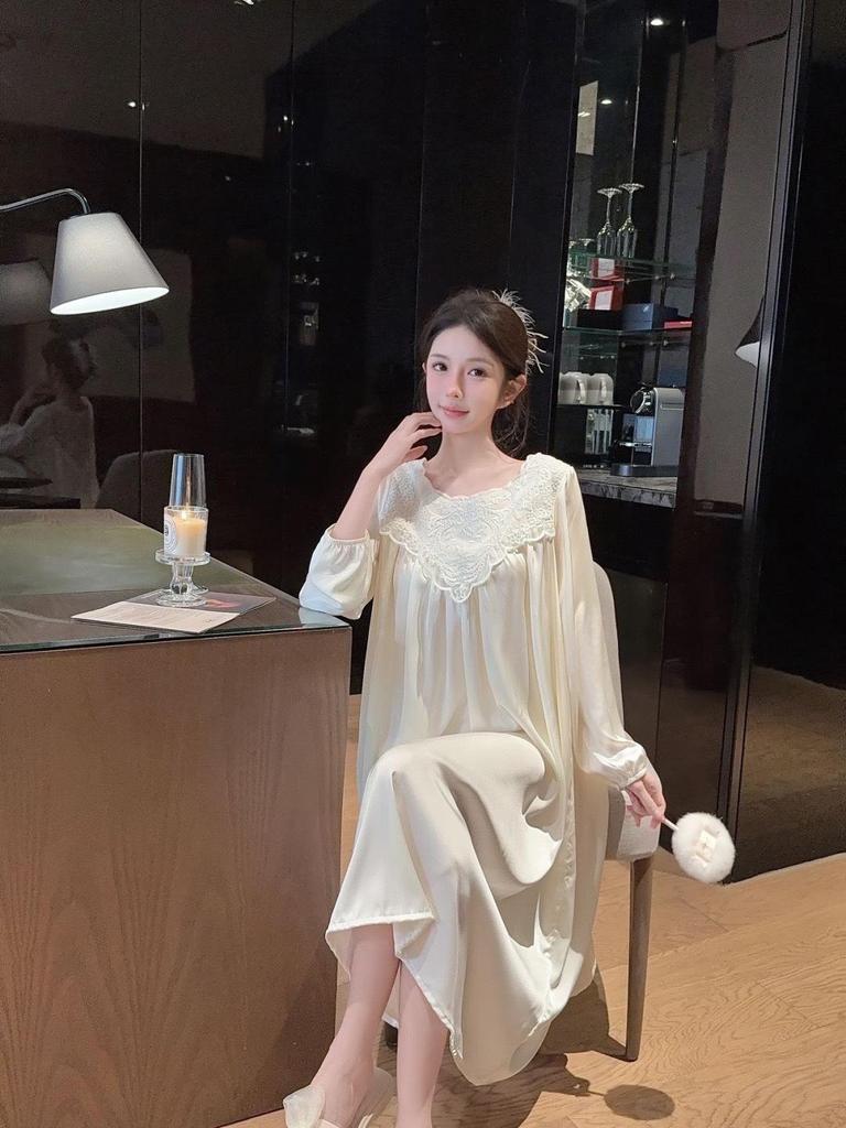 Women's Sexy Lace Nightgown - Long Sleeve Ice Silk Pajamas with Beautiful Back, French Style for Spring and Autumn
