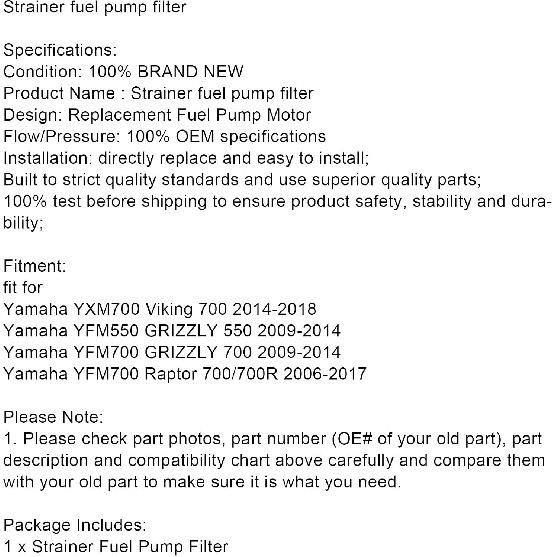 Topteng Motorcycle Fuel Pump Strainer Filter Replacement fits for Yamaha YXM700 Viking 700 2014-2018, YFM550 GRIZZLY 550 2009-2014, YFM700 GRIZZLY