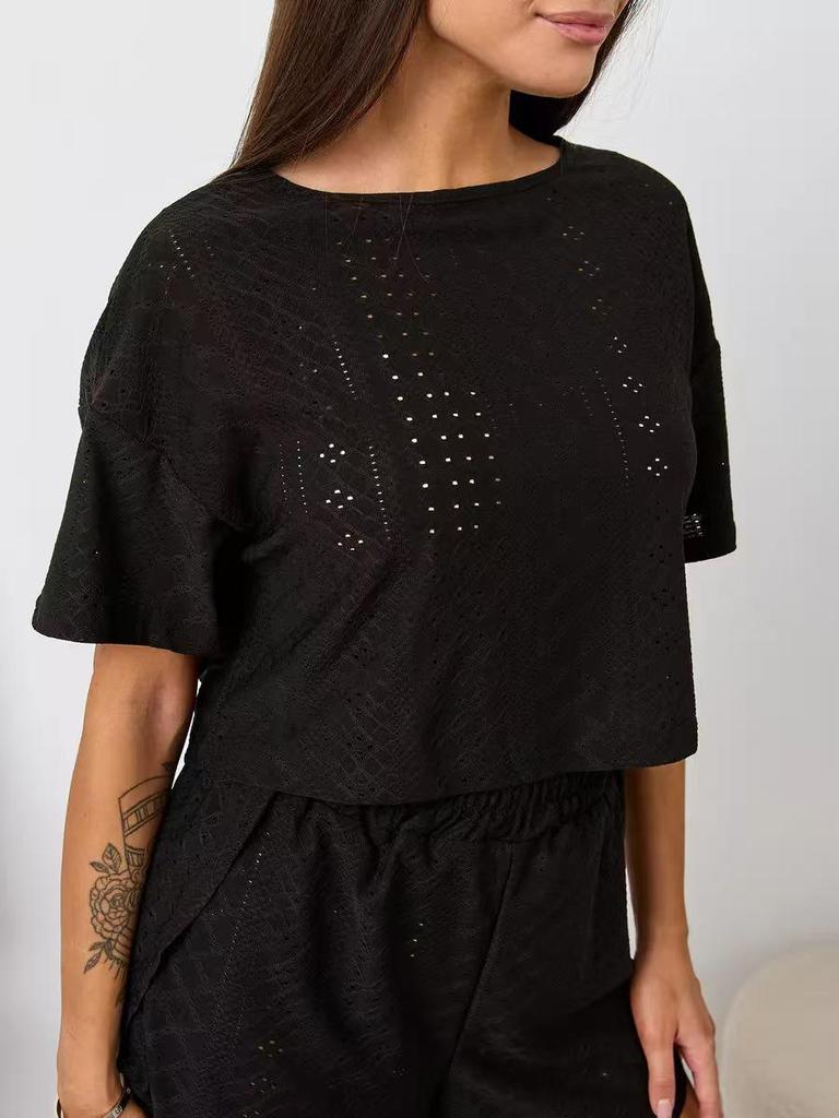 European Comfort Hollow Short Sleeve Pajama Set - Women's Loose Fit