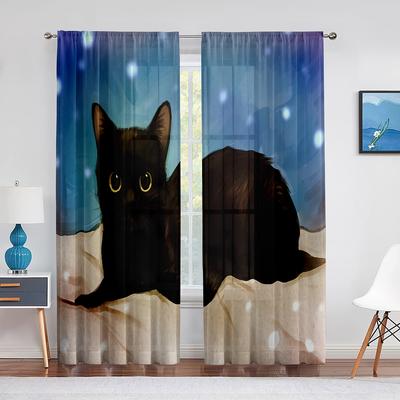 Carina Tenda Voile Trasparente Gatto Nero Animale Cartone Animato Finestra Tende Chiffon Tulle per Soggiorno Camera da Letto Decorazione Tende Moderne