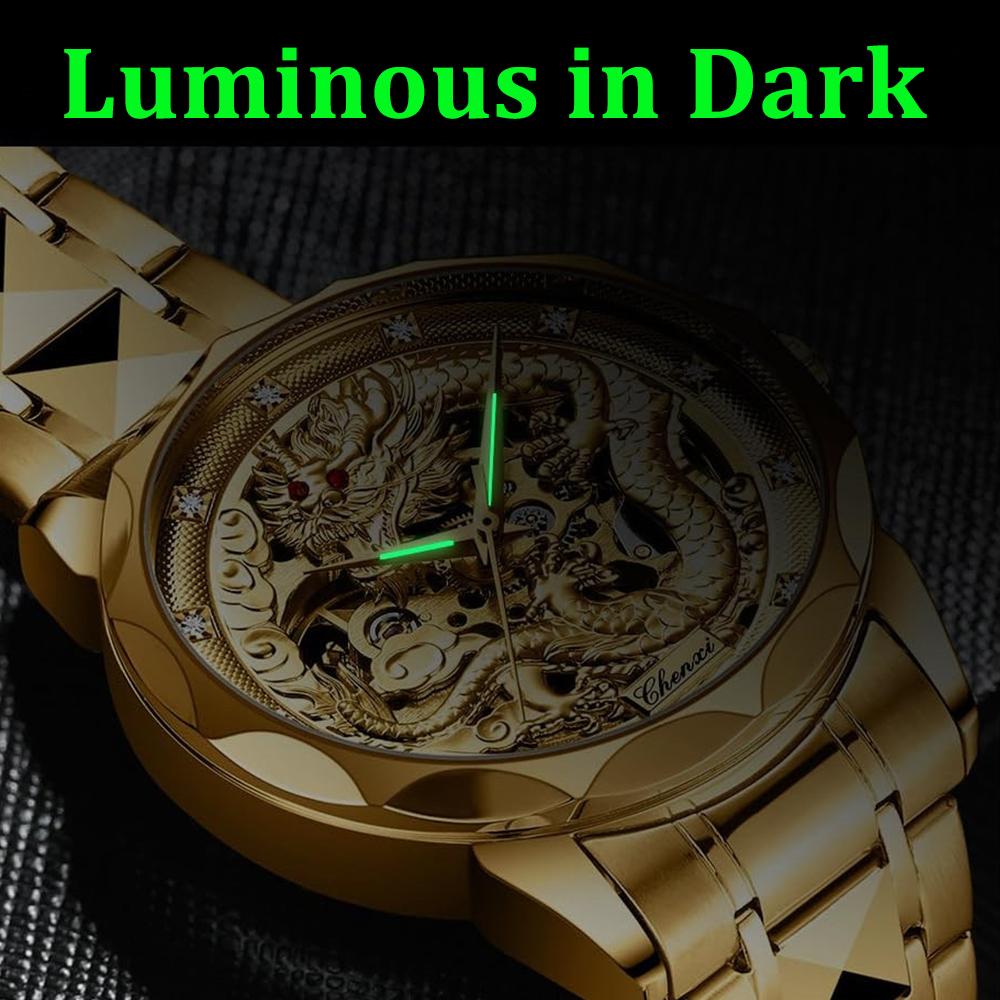 Gold 3D Dragon Dial Watches for Men Luxury Automatic Mechanical Watch Stainless Steel Strap Hollow-carved Wristwatches