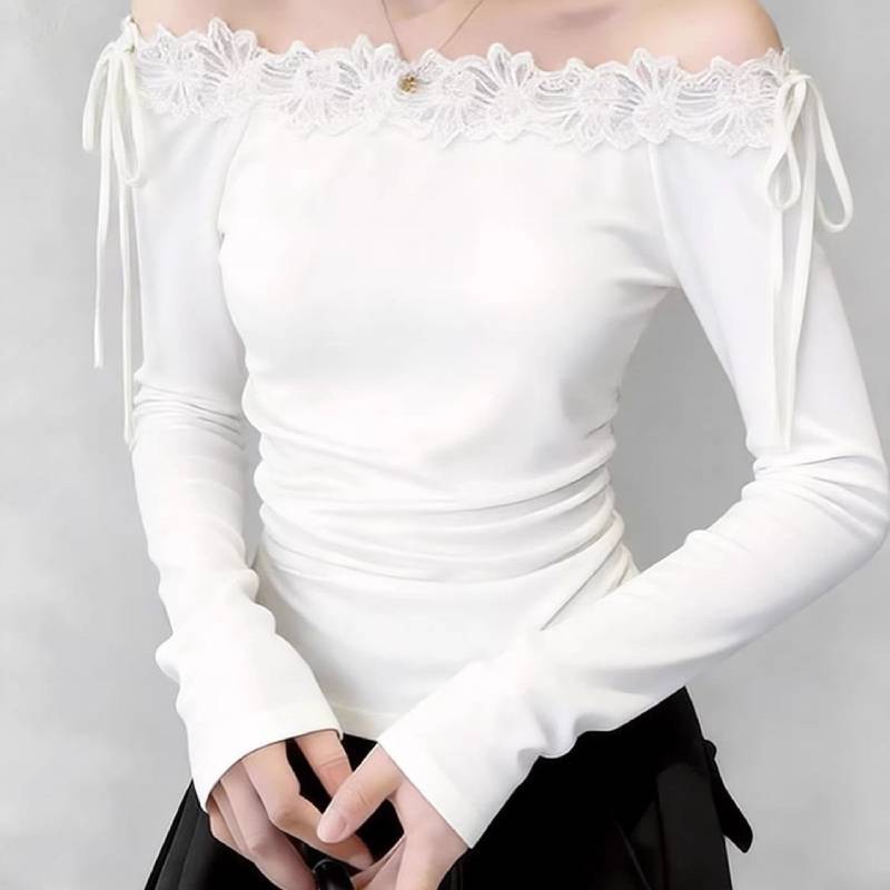 French Style Off Shoulder Top With Lace Patches And Embroidery For Women Spring