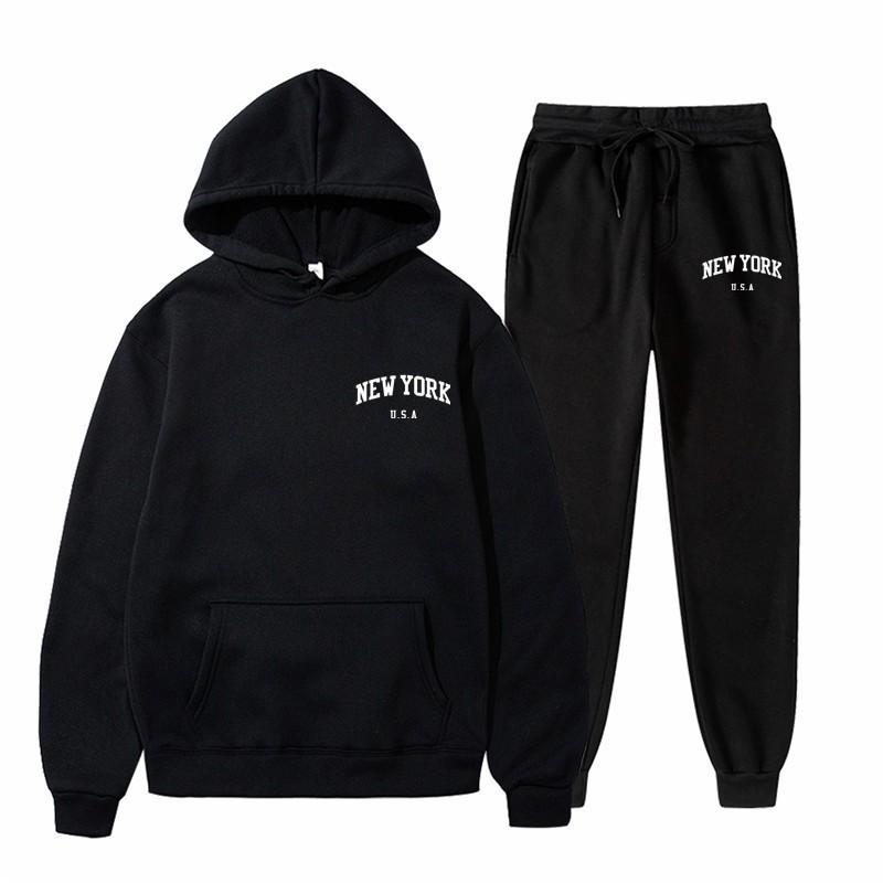 Men Women Streetwear Fleece Hoodie Set Fashion Pullover Long Two-Piece