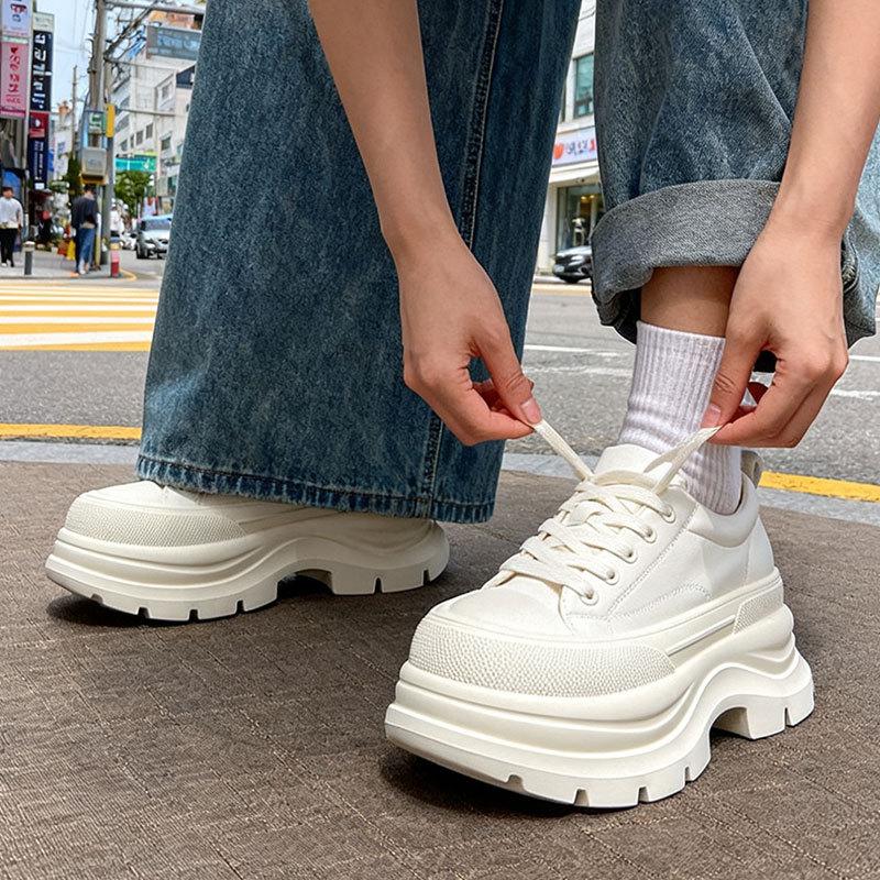 Imitation Leather Platform White Shoes Women's 2025 New Versatile Height Increase Small Casual Sports Board Shoes Ultra-light Bottom Muffin Shoes