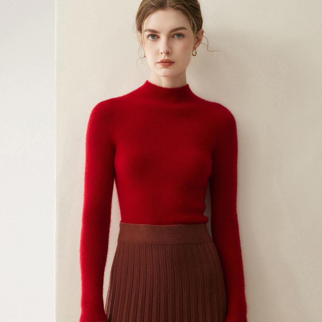 Women's Slim Fit Pure Cashmere Sweater, Half-High Neck, Soft Knit, Solid Color, 2026 Autumn/Winter Collection.