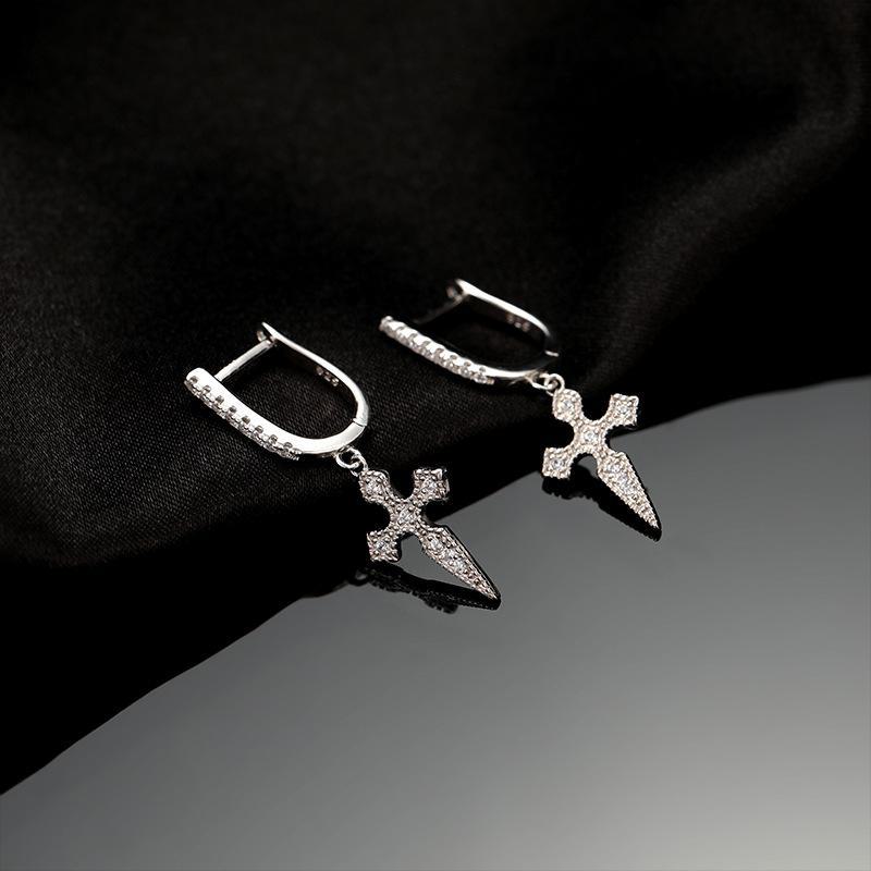 Banyan Tree S925 Silver Zircon Cross Earrings - Hip-Hop Style for Men & Women