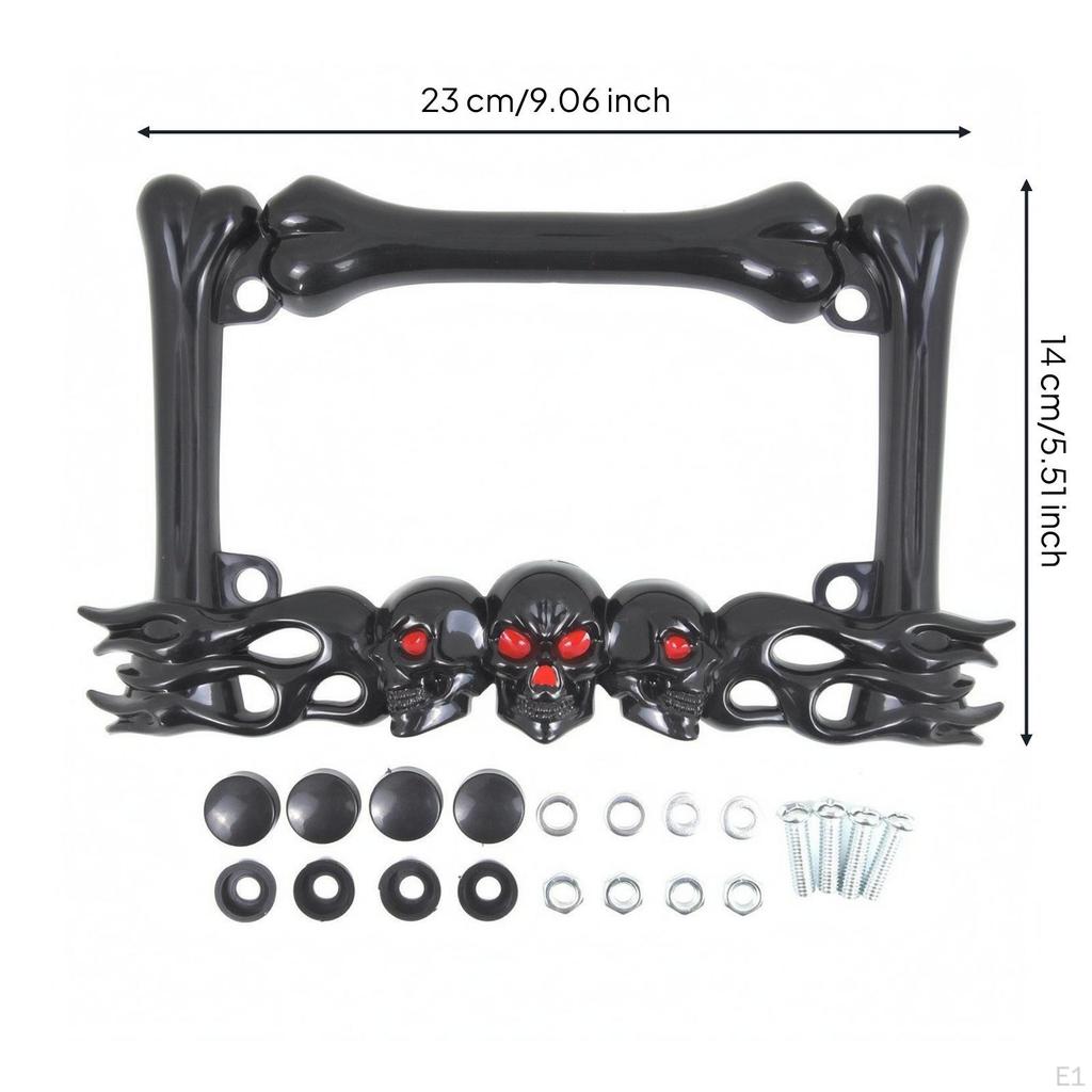 Skull and Bone Plate Frame Flame Accents Motorcycle Registration Glossy Finish Black