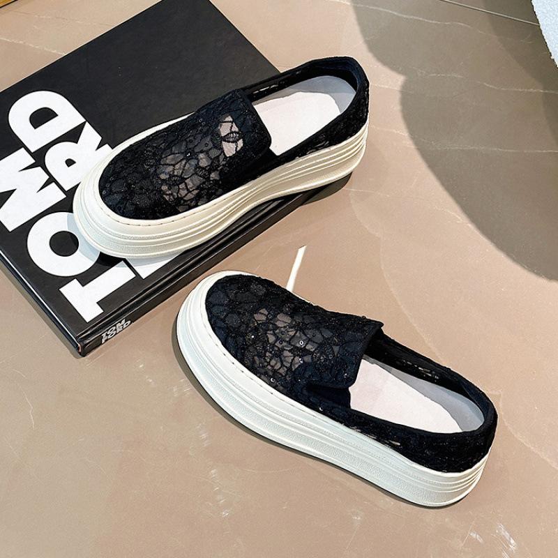 

Женские лоферы 2025 лето новые полые кружевные подошва-маффин одинарные туфли рыбака дышащие увеличивающие рост повседневные туфли 35 чёрный