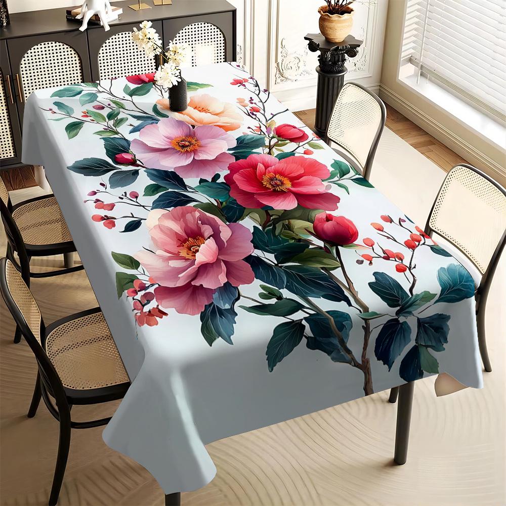 1pc Tablecloth White Background Two-Color Floral Print Tablecloth, Suitable for Camping, Picnic, Holiday Dining, And Parties, Rectangular Tablecloth f