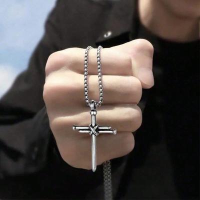 Men's Cross Necklace Simple and Versatile Fashion Accessory with Round Snake Stainless Steel Chain