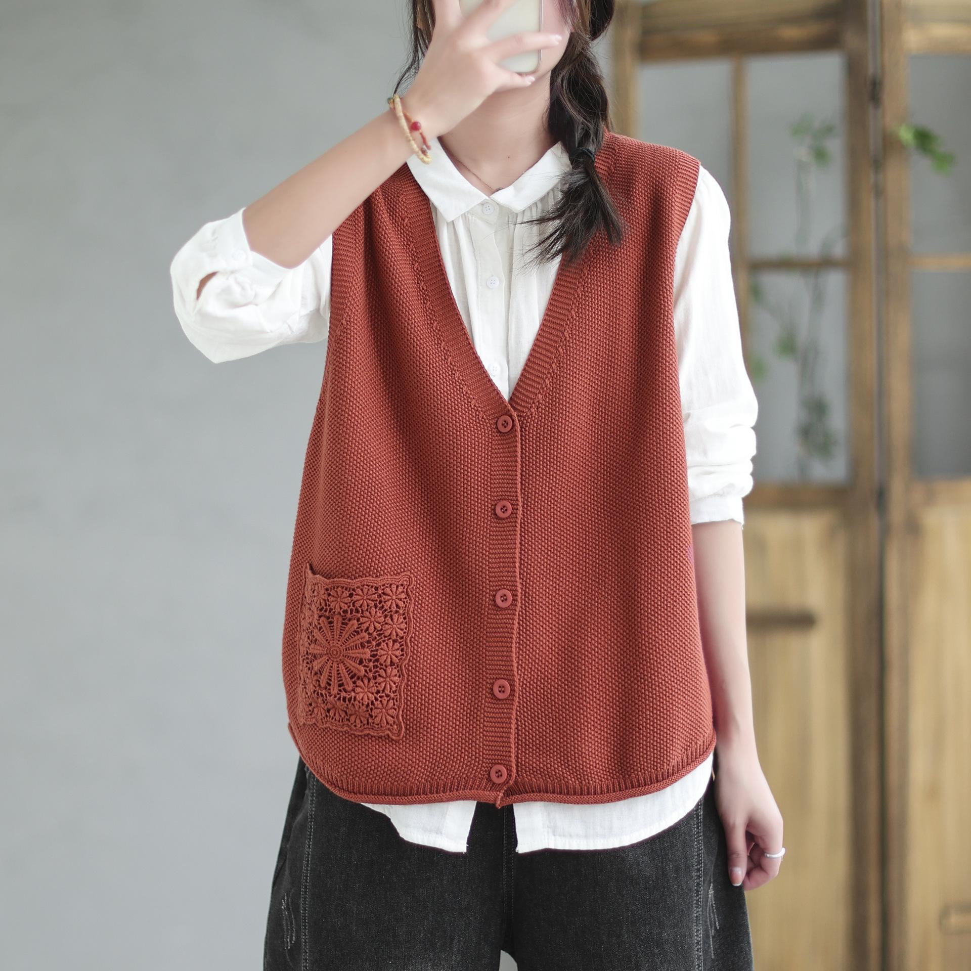 

Женская винтажная вышивка V-образный вырез весна осень однобортная женская одежда повседневный вязаный свитер жилет L красный