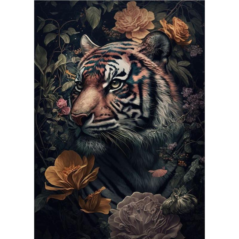 Vintage Animals In the Jungle, Flowers, Canvas, Painting, Poster Printing, Peacock, Tukan, Parrot, Elephant, Monkey, Wall Painting