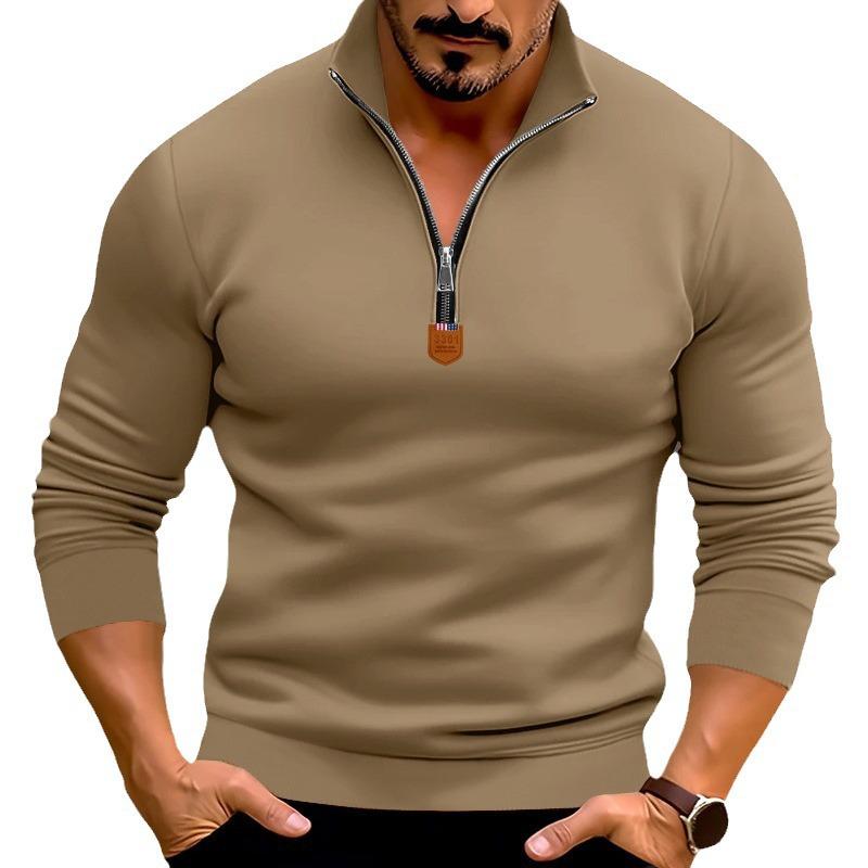 Cross2023 Men's Autumn/Winter Slim Fit Velvet Hoodie - Solid Color, Long Sleeve, Half Zip, Stand Collar.
