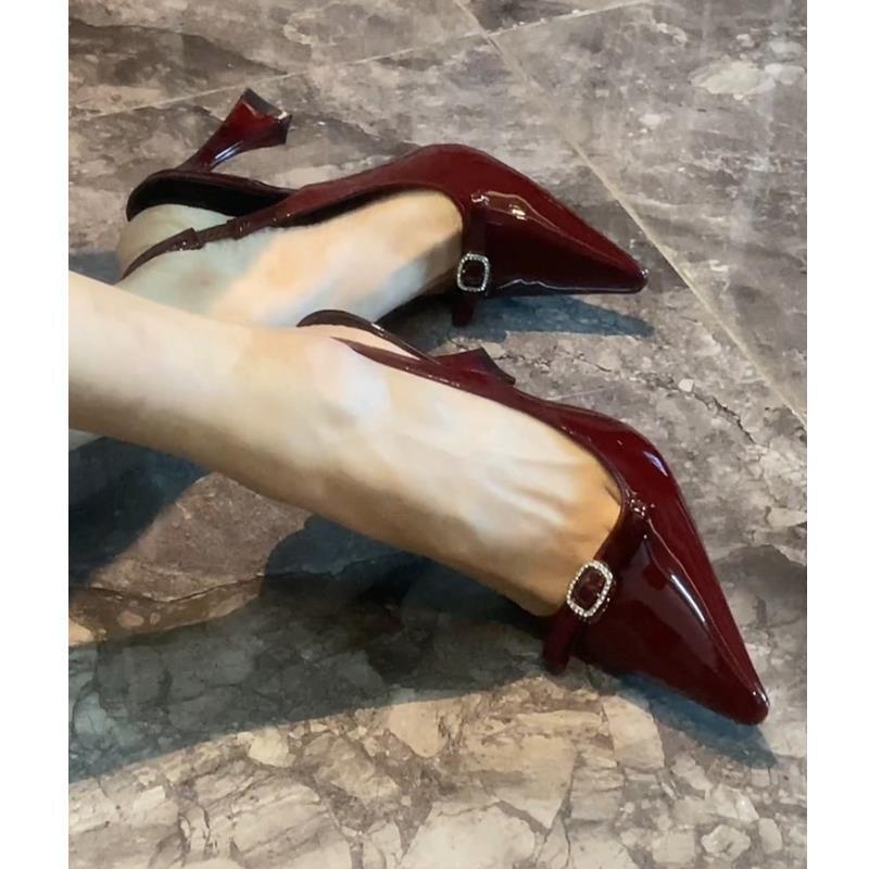 Burgundy Bow Buckle Rhinestone Sandals Women's Horseshoe Heel One-word Strap Sexy Celebrity High Heels