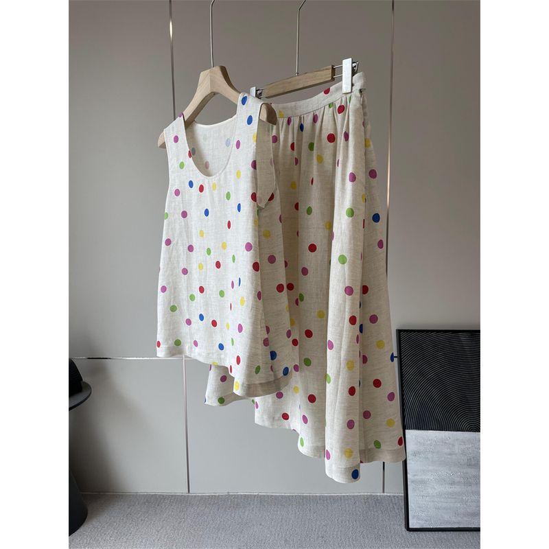 

Chao Younger! Real Z Y! ~ Belgium Primary Color Rain Linen Dotted Prints Vest + Pleating Skirt Color Dot Vest 4 pieces