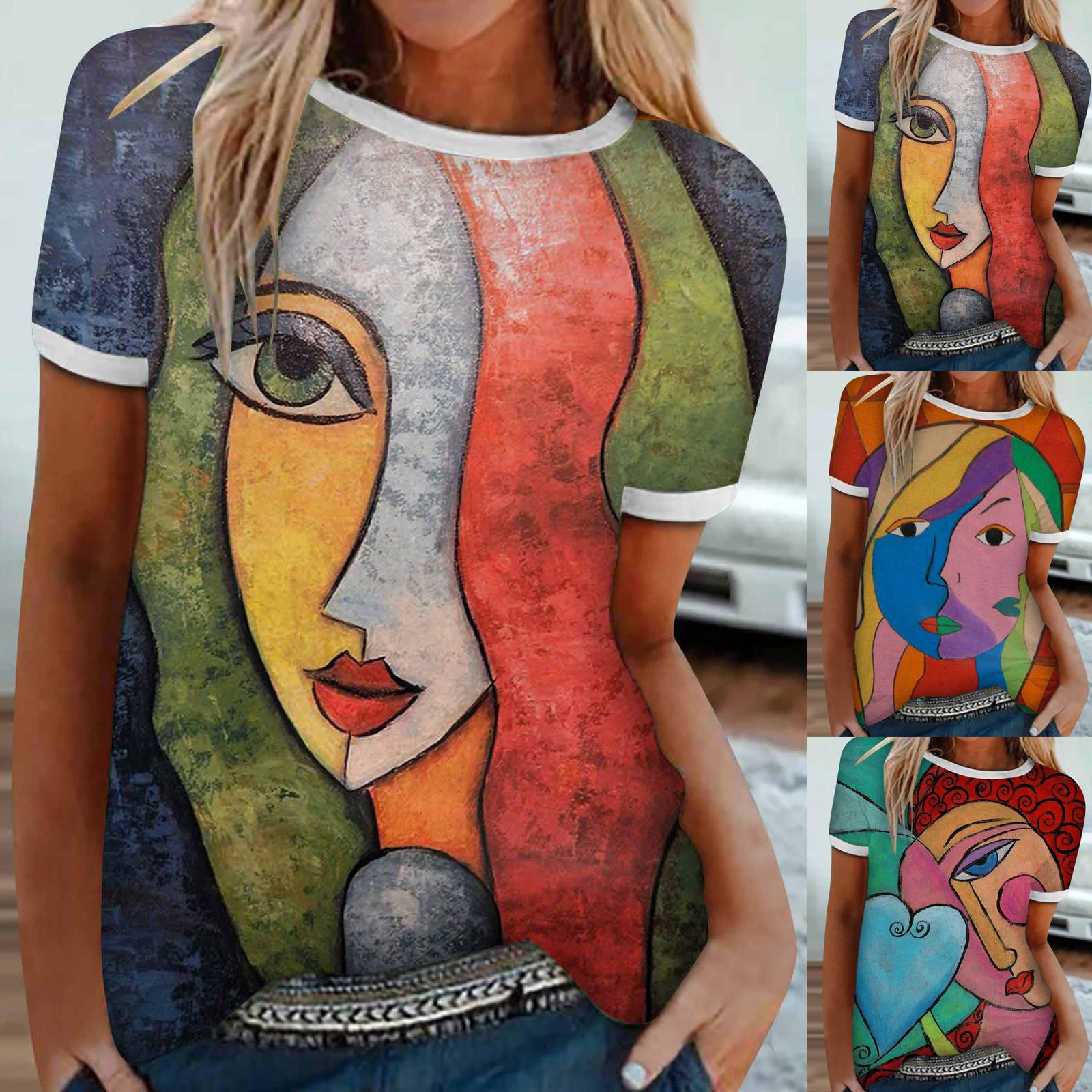 

Women Summer Top Abstract Print Short-sleeved Patchwork T-shirt Blouse Tops