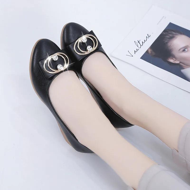 Zapatos De Mujer Women Fashion Pointed Toe Black Leather Spring Slip On Anti Skid Wedge Heel Shoes for Office Ab487