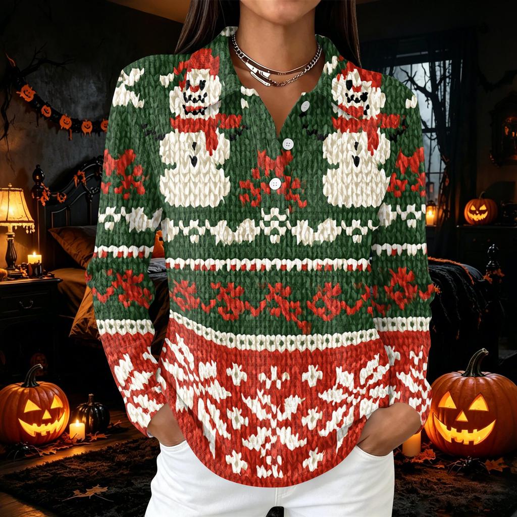 Women's Casual Button Long Sleeve Christmas Print Collared Top with Side Slits at Hem