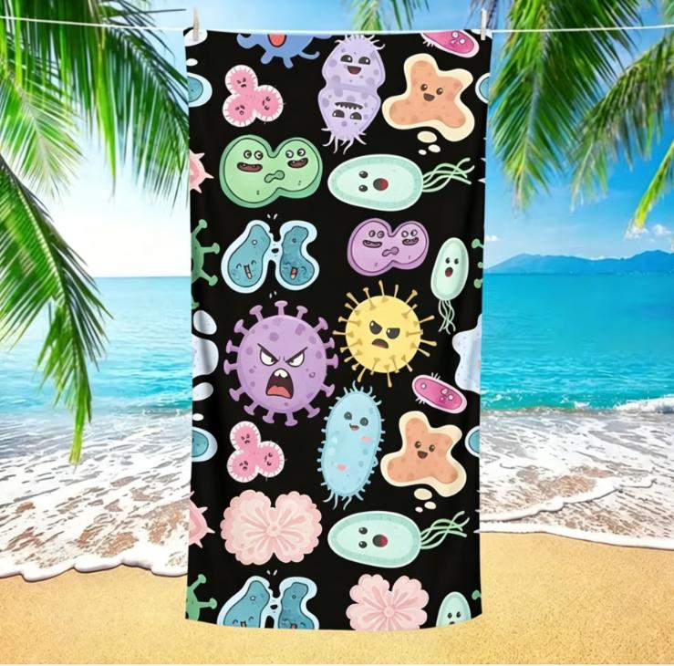 Large Microfiber Beach Towel, Cute Cartoon Germs Print, Sand Free & Quick Dry, for Fun Summer Beach Use