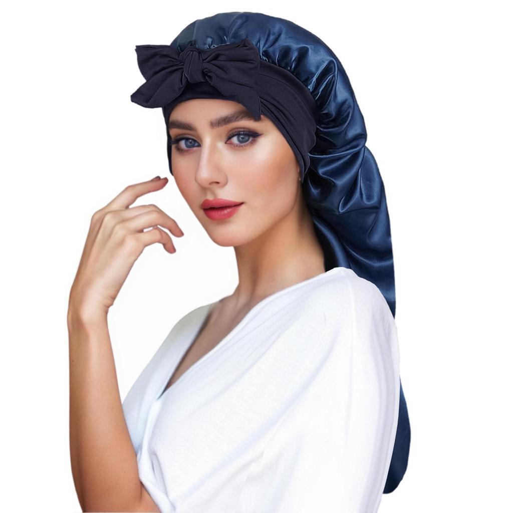 Satin Bow Tie Long Stocking Nightcap Headscarf for Long Hair Protection