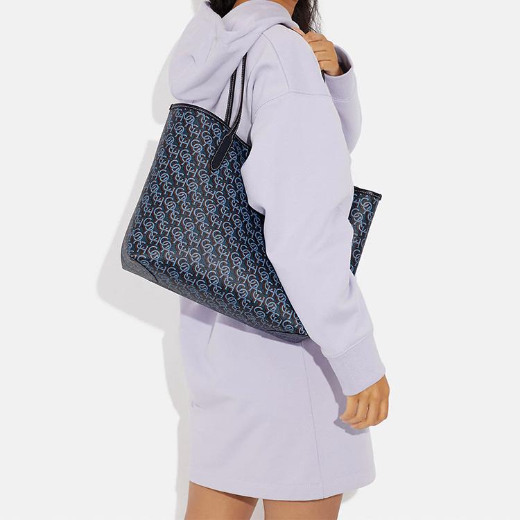 New COACH City Canvas With Leather Tote Bag, Shopping Bag, Handbag, Shoulder Bag Women's Marine Blue CF342-IMNAV