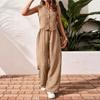 Completo da Donna 2 Pezzi Canotta Senza Maniche Scollo a V con Bottoni Pantaloni a Vita Alta Gamba Larga Set Coordinato in Tessuto Testurizzato Casual