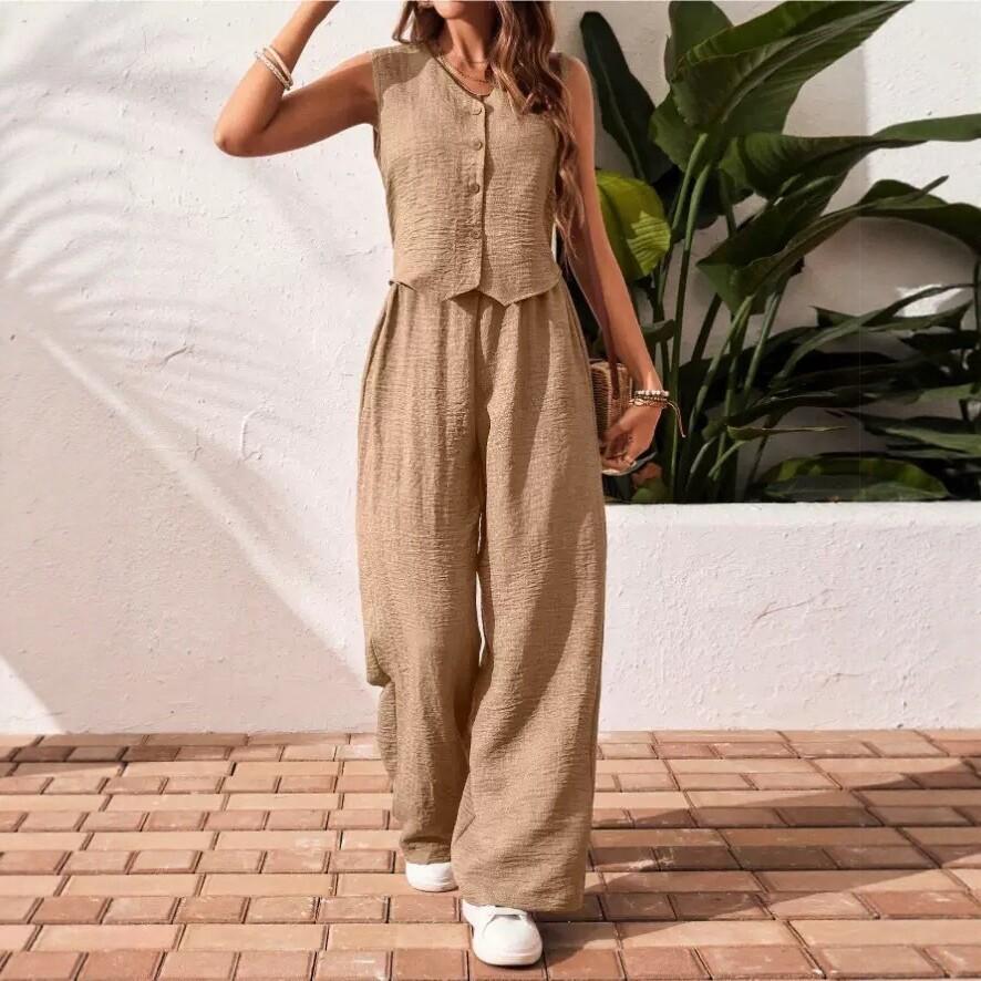 Completo da Donna 2 Pezzi Canotta Senza Maniche Scollo a V con Bottoni Pantaloni a Vita Alta Gamba Larga Set Coordinato in Tessuto Testurizzato Casual