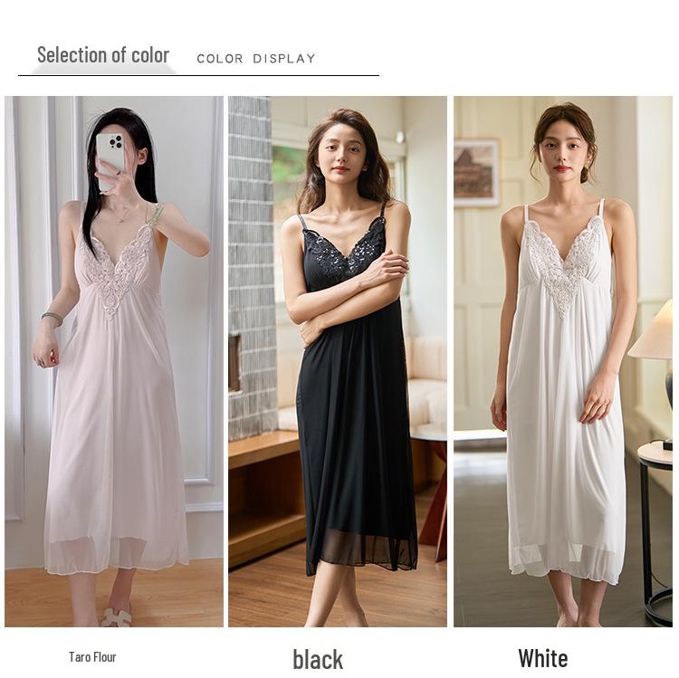Women's Summer Lace Camisole Pajama Dress with Chest Pads - French Fairy Style
