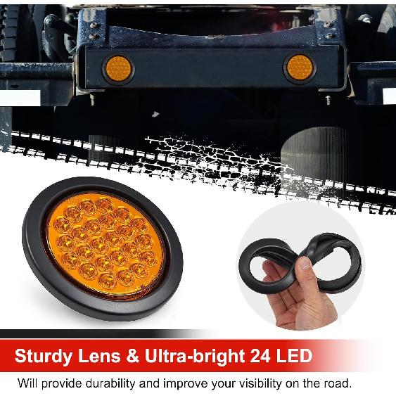 2Pcs 4 Inch Round Amber Strobe Lights 24 LED Trailer Tail Lights Amber 4" LED Strobe Light Stop Turn Tail Light Brake Lights for Trailer Truck 10-30V
