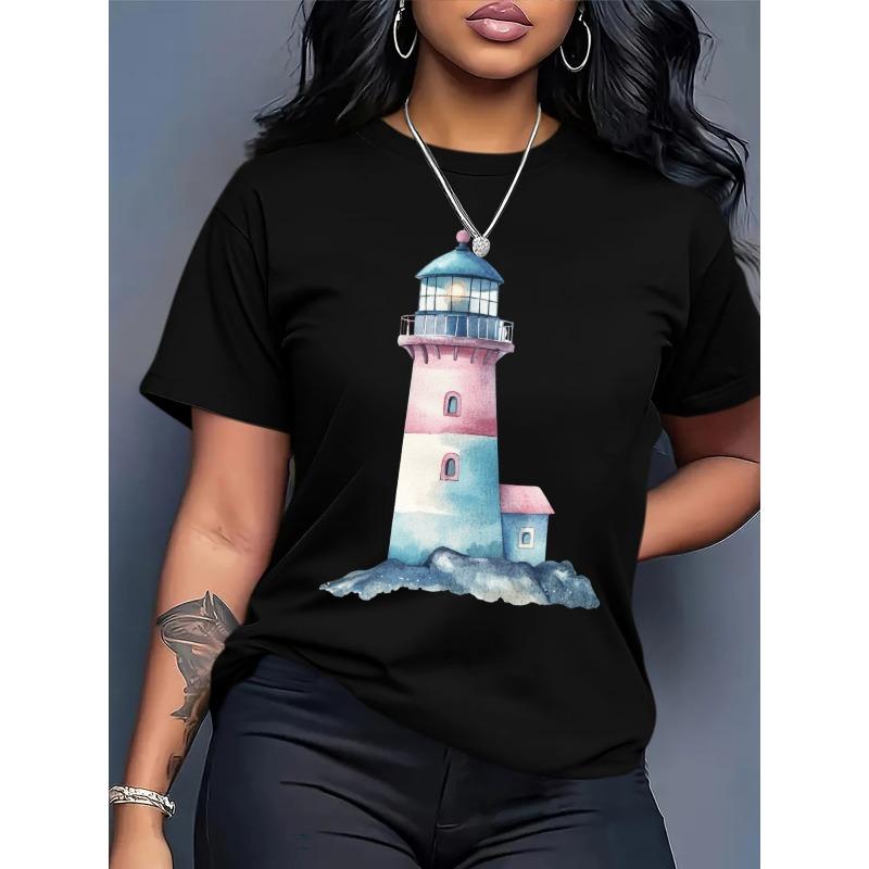 Women's T-Shirt Casual Round Neck Short Sleeve Tee for Spring/Summer,  Everyday Tshirt| Playful Print Tee| Fabric, Lighthouse Decor