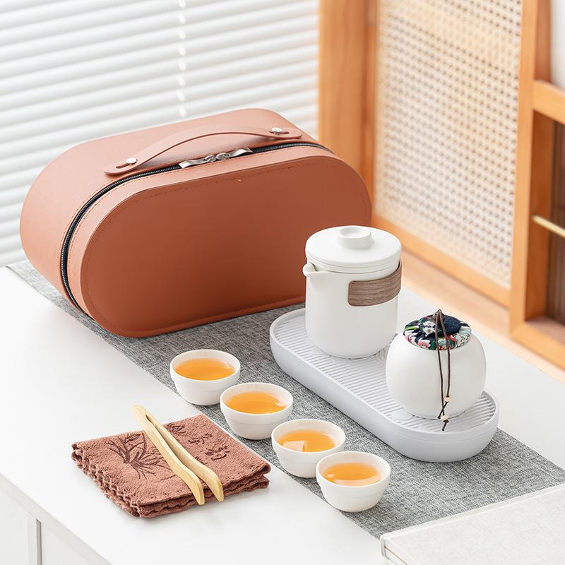 Simple Dehua coarse pottery set, outdoor tea set, portable on business trips, high-end leather bags, business travel gifts