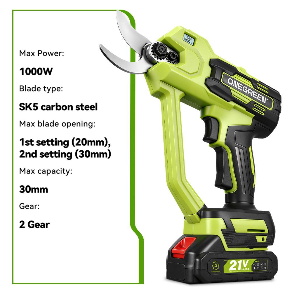 ONEGREEN Brushless 30MM Electric Pruner Shear 2 Gears Cordless Tree Bonsai Pruning Scissors Tools For Makita 21V Battery Pin