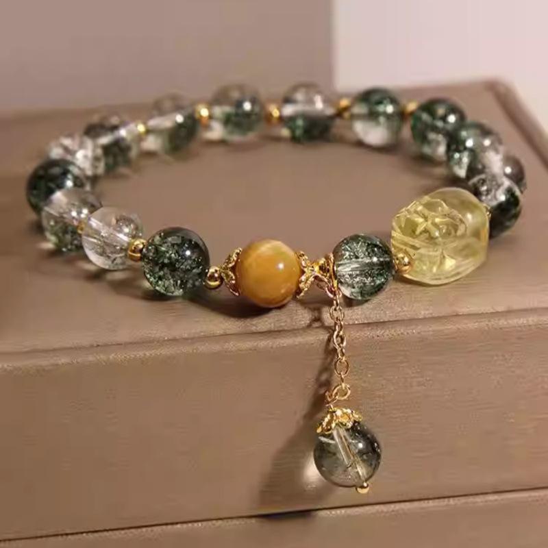 Cherry Blossom Green Populated Crystal Bracelet for Women, Natural Yellow Crystal Pixiu Jewelry, High-Value Gift Bracelet