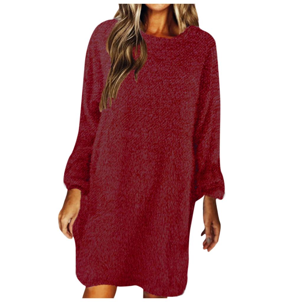 Fashion Women's Color Round Neck Long Sleeve Loose Plush Dress Sweater Dress
