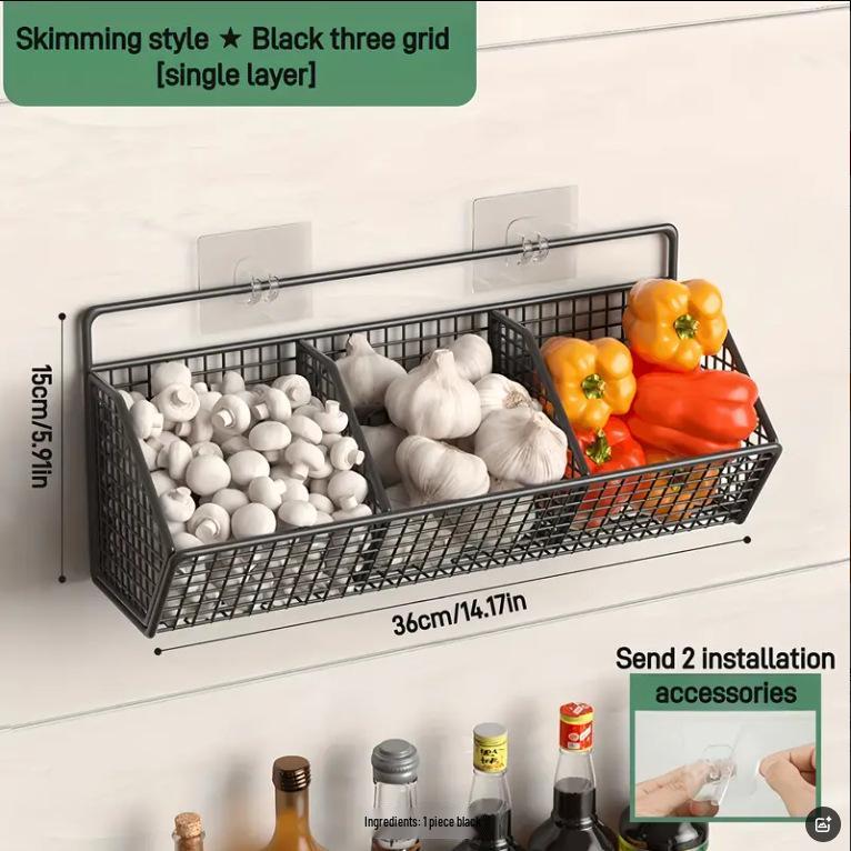 Wall-Mounted Scallion Ginger Garlic Storage Basket - No-Punch Kitchen Shelf Essential