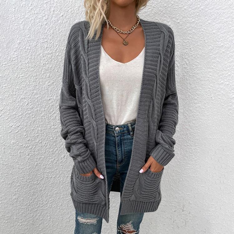 Women Long Loose Cardigan Coat Solid Color Knitted Long Sleeve Medium Length