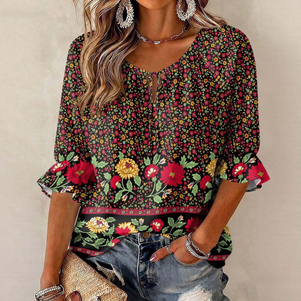 Damen Vintage Bluse mit Blumenprint, Rüschen und Dreiviertelärm, Rundhalsausschnitt und Bindevorderseite