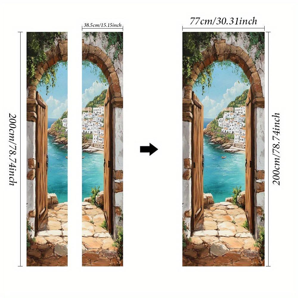 Adesivos de porta com tema oceano azul apresentando designs de arcos de pedra e papel de parede de paisagem mediterrânea, adequados para decoração de casa.