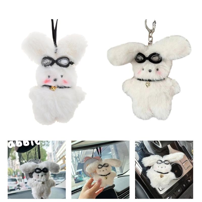 Hanging Decoration Rear View Mirror Cute Long Eared Rabbit Decors Car Interior Accessories Cute Bunny- Pendant Keychain