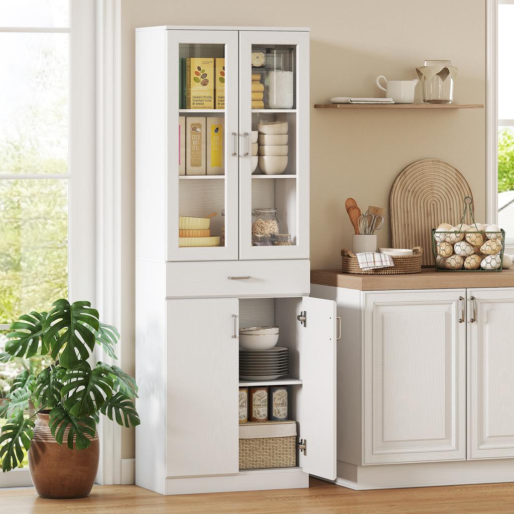 High-end kitchen buffet, kitchen cabinet, 4 doors including 2 glass ones, drawers, adjustable shelves, 60x35x180cm, white
