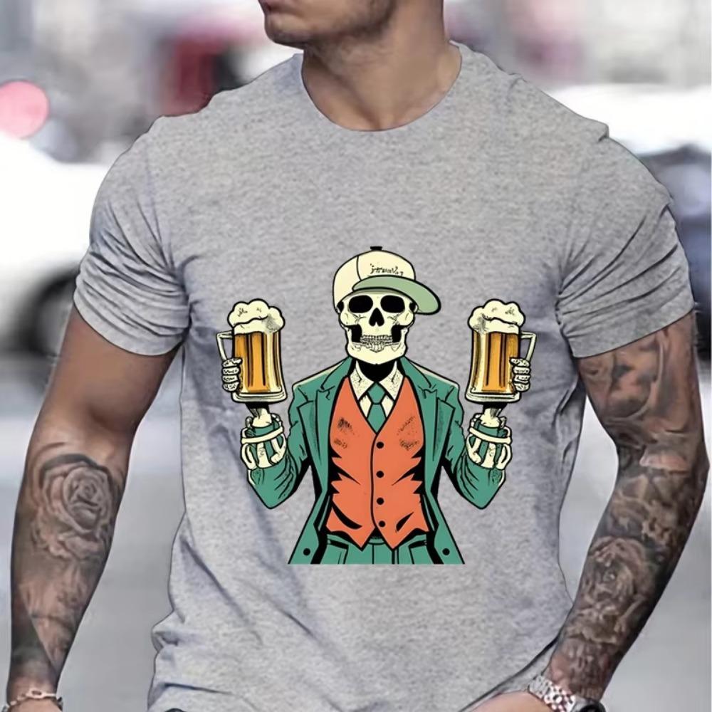 Skeleton Cheers Beers Print Summer T-shirt Men Skeleton and Beer Pattern Funny T Shirts Man Beer Lover Gifts Fashion Casual Tops