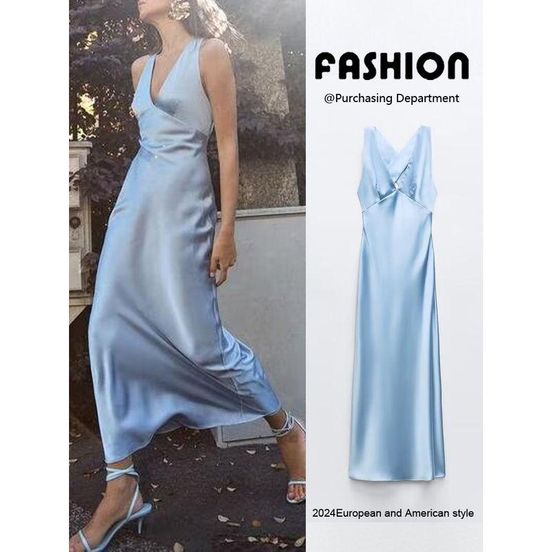 Za2024 Summer New Product Women's Clothes Fashion V Neck Sleeveless Waist-Tight Slim Looking Silk Satin Texture Dress 3272399