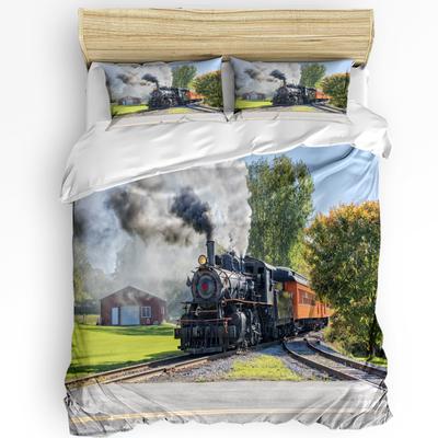 Dampflok Rauch Landschaft Retro 3-teiliges Bettwäscheset für Schlafzimmer Doppelbett Heimtextilien Bettbezug Steppdeckenbezug Kissenbezug