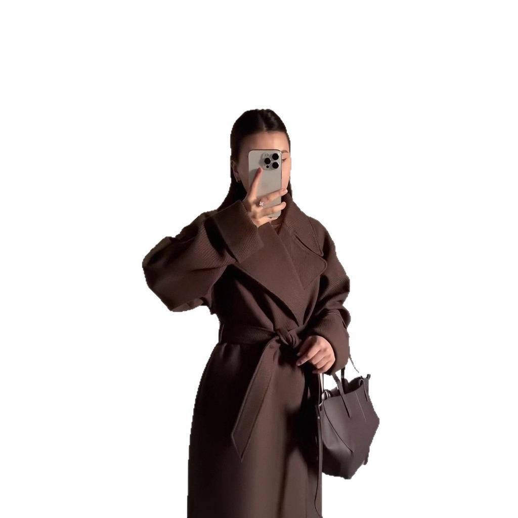 2025 Cross-border European and American Women's Clothing Amazon Large Lapel Casual Loose Lace-up Long Woolen Coat Coat