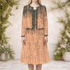 Women Plus Size Two Piece Dress Set Round Neck Long Sleeve Blue White Printed Cropped Cardigan Sleeveless Dress