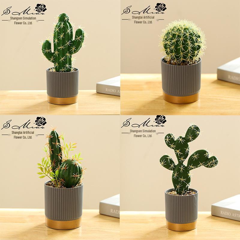 Creative Wooden Basin with Artificial Green Plant Bonsai Ornament for Display and Decoration.